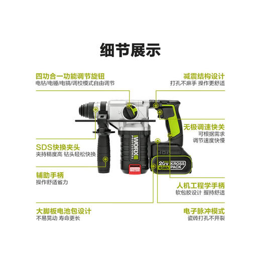三栖虎WU388锂电无刷电锤冲击钻电镐充电式大功率工业级电动工具 WU3884.0双电快充标配