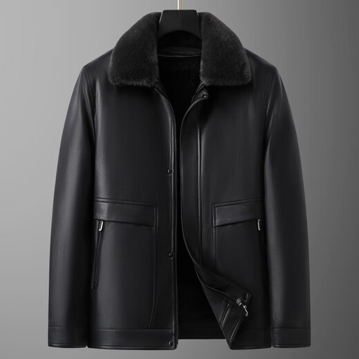 九九王九牧王带毛领皮衣男士加大码加绒保暖外套冬季胖子可脱卸内胆翻领 黑色 L (建议100-120斤)