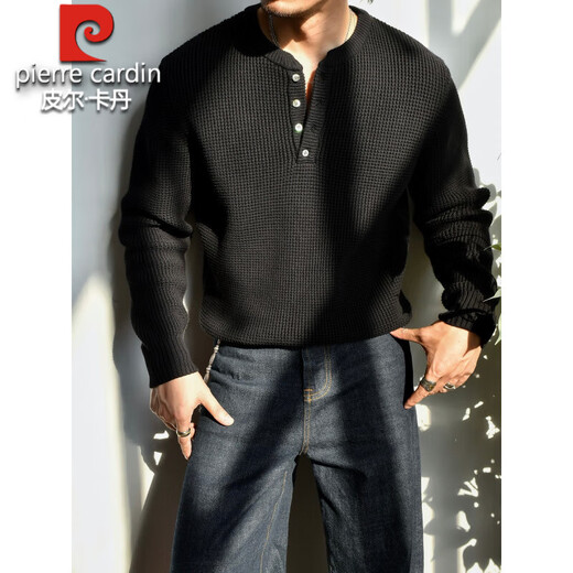 Pierre Cardin thickened sweater men's Henry collar sweater casual cotton heavy sweater American retro bottoming sweater raw cotton color S