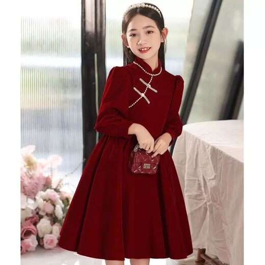 Girls' winter dress, new Chinese style dress, velvet children's skirt, red New Year's greeting dress, girl princess dress, red velvet style, velvet lining 150