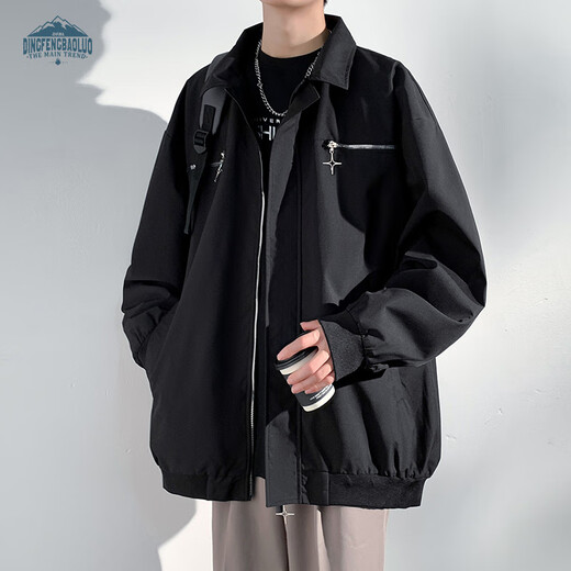 Dingfengbaoluo American high street jacket men's autumn and winter trendy brand loose lapel jacket casual top YM9952 black L