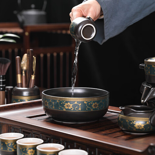 Craftsman's Lazy Tea Set Household Stone Mill Semi-automatic Tea Making Artifact Office Ceramic Anti-scalding Kung Fu Tea Set Complete Set Fragrant Automatic Tea Set + Black Square Tea Tray 10 Pieces
