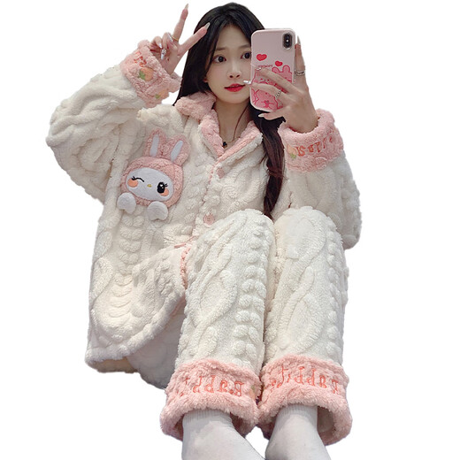 Langsha Coral Velvet Pajamas for women for summer long-sleeved 2025 new flannel thickened warm spring and summer home clothing set 9221 M:[75-100Jin[Jin equals 0.5 kg]]