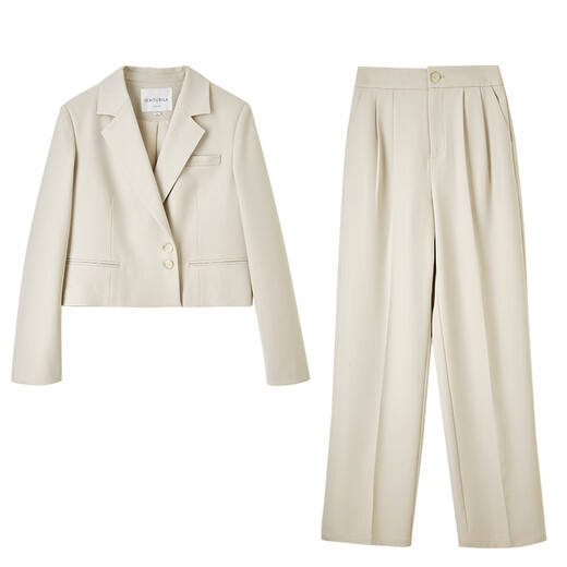 Shandubila's elegant commuting classic two-button suit jacket with elasticated back waist and pleated crotch-covering slim straight trousers suit beige S