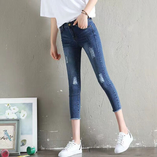 莫代尔2025春夏女装新款破洞小脚牛仔裤女八分韩版修身显瘦时尚 691浅蓝色七分 29 [2尺2]建议110-120斤