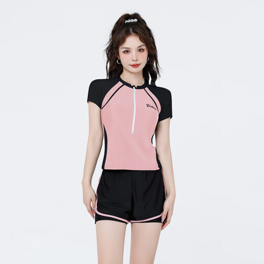 梵迪拉（F.DYRAA）泳衣女高级分体短袖温泉保守显瘦游泳馆泳装四件套12034黑粉色3XL