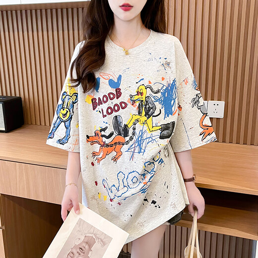 Feili Musanne reine Baumwoll-Graffiti-Cartoon gedruckt kurzärmelig T-Shirt für Frauen mit mittlerer Länge mit mittlerer Sommer Großversion Lose 200 Jin [Jin entspricht 0,5 kg] Fett mm Slim Top 826 Hellgrau 2xl [vorgeschlagen 170-200 Jin [Jin gleich 0,5 kg]]