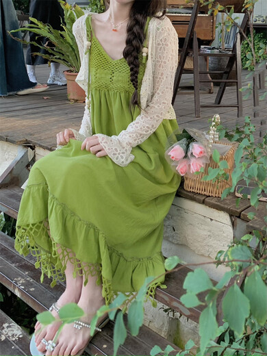 Gem City high-end white suspender dress draped bohemian travel seaside vacation skirt super fairy dress 4333 long skirt M