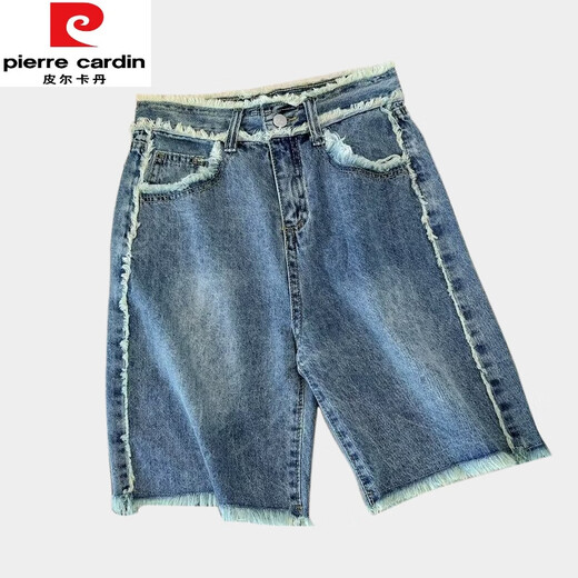 Pierre cardin denim shorts for women 2025 summer new five-point student retro high waist straight mattress loose hips to make them look thin 679 ripped black S