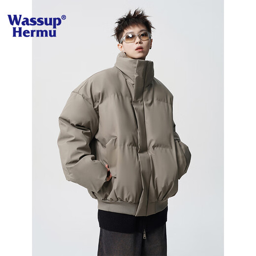 WASSUP HERMU official short cotton jacket for men in winter PU leather water-repellent solid color stand-up collar cleanfit jacket loose bread suit coffee XL (recommended 140-160Jin Jin equals 0.5 kg)