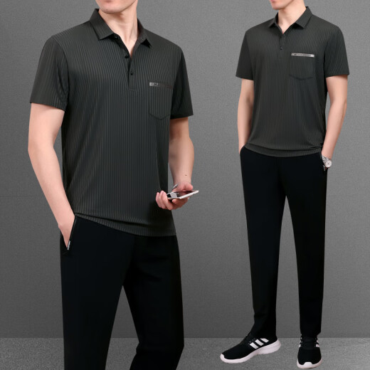罗蒙（ROMON）冰丝t恤男士套装夏季薄款中老年休闲运动服中年短袖男父亲爸爸装 753墨绿【短袖+裤子】 2XL 【建议140-160斤左右】