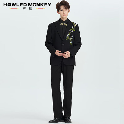 Sound Monkey Suit Men's Engagement Wedding New Chinese Suit Jacket Embroidery Men's Casual Tunic Wedding Suit Black Jacket + Black Shirt + Black Trousers Three-piece Set 2XL