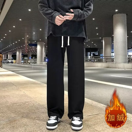 Autumn and winter casual sports pants with velvet and thickened sweatpants, trendy American straight trousers, versatile loose casual pants, straight trousers, black, velvet, clearance specials, 2XL heavyweight high-quality models