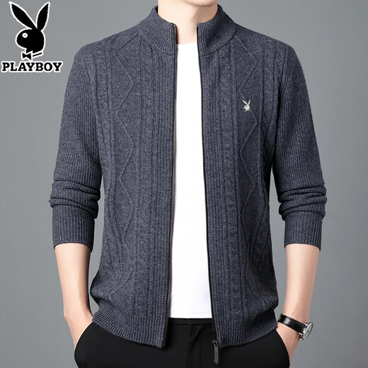 花花公子（PLAYBOY）男装加厚保暖毛衣外套男全羊毛开衫立领纯色拉链针织开衫男士冬季 卡驼 190/4XL