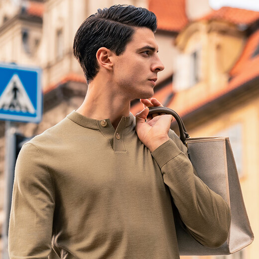 Mr. Bu Henry Collar Thin Wool T-Shirt Spring and Autumn Long Sleeve Wool Sweater Men's Birch Green S (165)