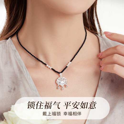 Ginqianhui 999 pure silver necklace for women, wishful and safe long life lock pendant to commemorate birthday and Valentine's Day gift for girlfriend Fuyou safe lock necklace (extended version) + merchant delivery / ghostwriting greeting card exquisite gift box