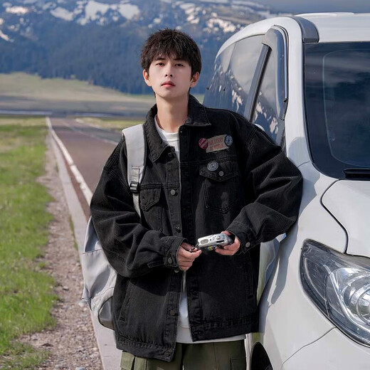 POUM men's joint denim jacket men's autumn new Hong Kong style retro loose casual couple work clothes jacket CRB-2035 black XL