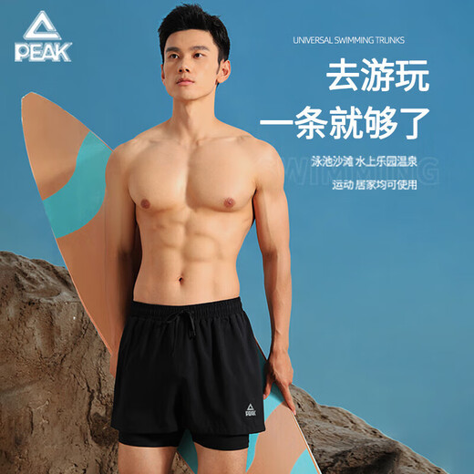 Peak swimming trunks men's swimsuit men's anti-embarrassment quick-drying boxer beach trunks double-layer hot spring seaside resort swimming trunks black L