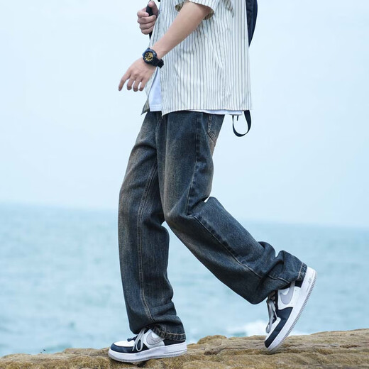 Dingfengbaoluo washed retro jeans men's autumn loose straight casual long pants men 74 blue XL
