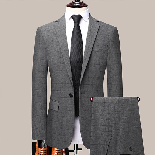 Dances with Wolves (DANCING WOLVES) 2024 Autumn Men's Suit Suit Spring and Autumn New Groom Wedding Dress Business Plaid Suit Collar Formal Goode B-516 Light Gray M