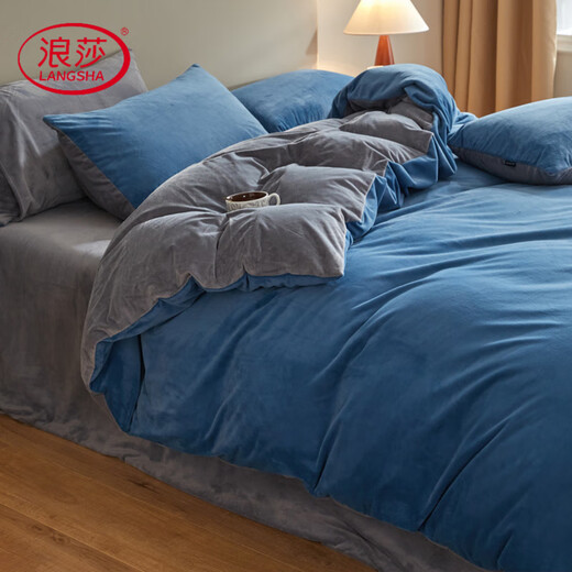 Langsha's new type A baby velvet Dove velvet baby velvet milk velvet French velvet solid color four-piece set plus velvet thickened bedding Blue blue + Nordic gray bed sheet style 1.2m three-piece set