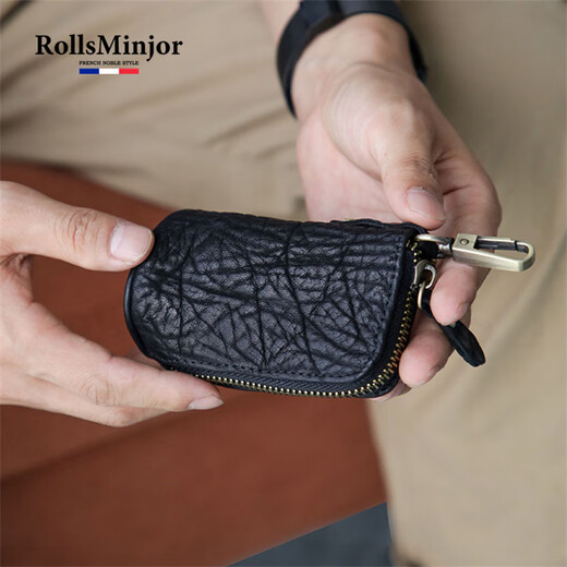 劳斯名爵（RollsMinjor）英国品牌真皮男士小汽车钥匙包头层牛皮多功能零钱迷你锁匙收纳袋 黑色 6*5*10CM