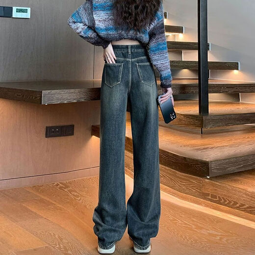 熊司令牛仔裤子女春秋冬季新款宽松百搭加绒加厚直筒阔腿休闲裤 679-1蓝灰色加绒高品质39.5 27 L 112-1斤