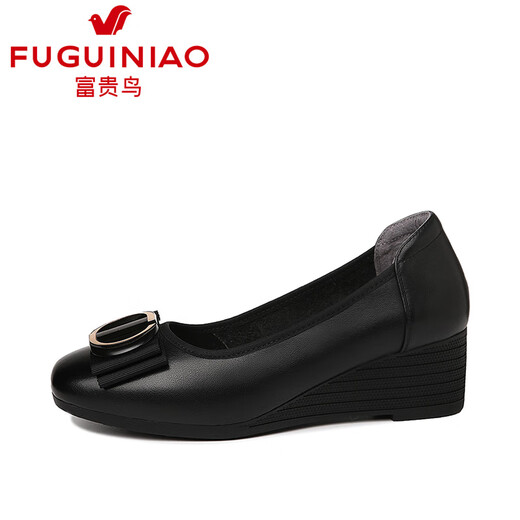 Fuguiniao first-layer cowhide single shoes for women 2024 spring new wedge heel women's shoes thick heel mom and grandma shoes soft sole soft leather shoes black 36