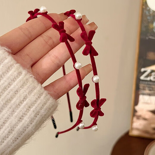 Le Xicong red atmospheric hair accessories pearl bow headband for women 2025 new flocked headband pearl headband hairband red bow pearl headband one pack