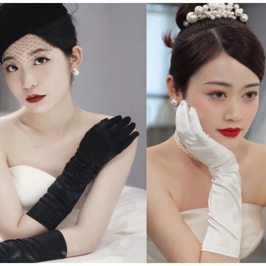 蕉京新娘手套加长结婚新娘伴娘丝绒缎面婚礼服晚宴丝绒手套酒红黑白色 白色缎面38厘米