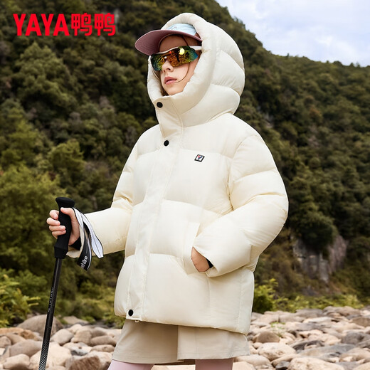 YAYA children's down jacket 2025 winter new style for boys and girls parent-child wear hooded bread coat thick short down jacket oatmeal color 120