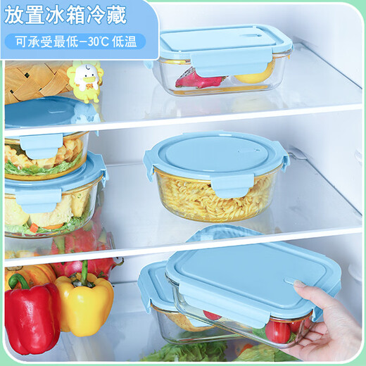 Xinmeiya Large Capacity Glass Fresh-keeping Box Lunch Box Sealed Lunch Box Lunch Box Kitchen Storage Box Refrigerator Freezer Box Dumpling Box Rock Blue Single Pack 720ml Medium Long