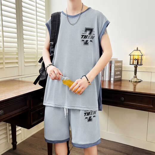 裴诗妍夏季冰丝无袖t恤男孩12-15岁初高中学生大童背心篮球服运动套装潮 6636浅灰背心+短裤 M  80-100斤左右