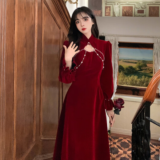 YIOU Cheongsam Toast Wear Bridal Autumn and Winter Engagement Evening Dress Skirt for Women Red Chinese Velvet Feel Autumn and Winter 3507 Red S
