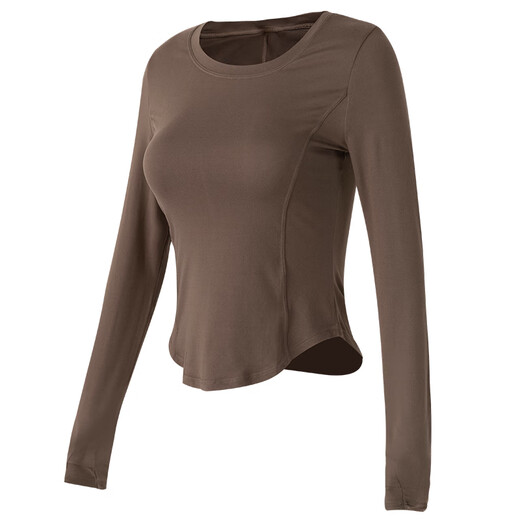 LULU CENTURY Autumn and Winter round neck running sports long-sleeved T-shirt women's slim slim yoga clothing top Pilates training fitness clothing chestnut brown L