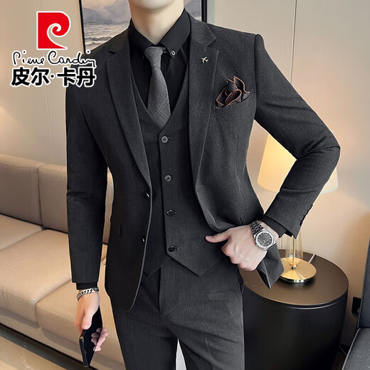 皮尔卡丹（pierre cardin）新郎西服套装男士商务职业正装结婚礼服痞帅休闲修身大码西装男 SJT9889中灰三件套(西服+西裤+马甲) 5XL 身高170-190\体重170-180斤