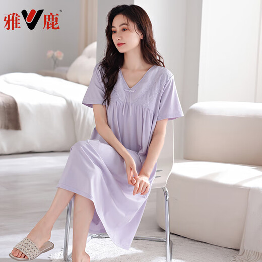 雅鹿睡裙女夏季带胸垫纯棉短袖长款睡衣薄款夏天宽松大码夏款连衣裙子 701芋紫（带胸垫） M（155-160cm/90-110斤）