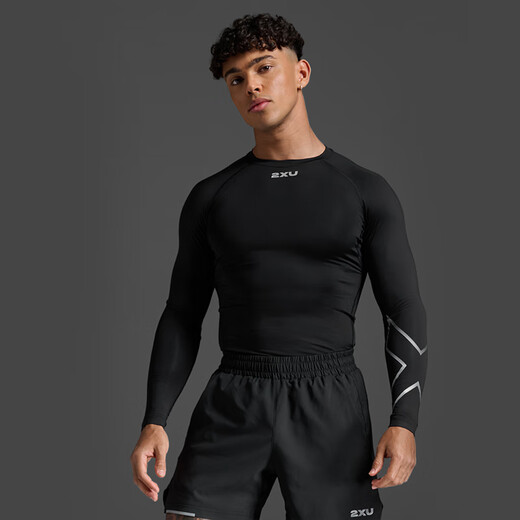 2XU Core series gradient compression clothing, professional sports fitness clothing, quick-drying clothing, breathable men's long-sleeved tights, black/silver M