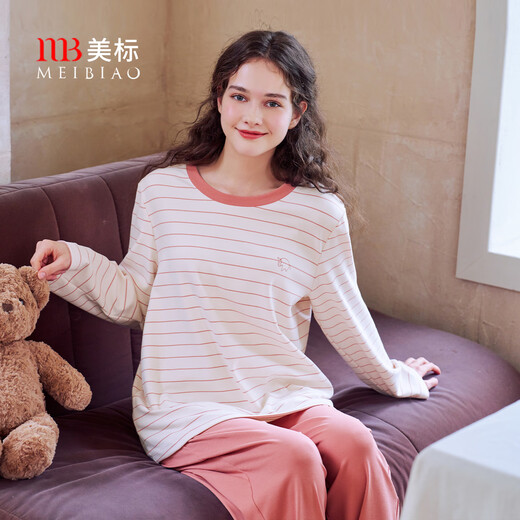 American Standard's new long-sleeved couple's soft cotton pajamas set for women in autumn and winter can be worn outside casual striped knitted cotton home clothes for men coral pink M