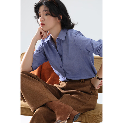 Xingzhi WeTHEE practical single product that is not cool, double-sided brushed floral yarn soft right shoulder narrow sleeve commuter shirt winter blue M