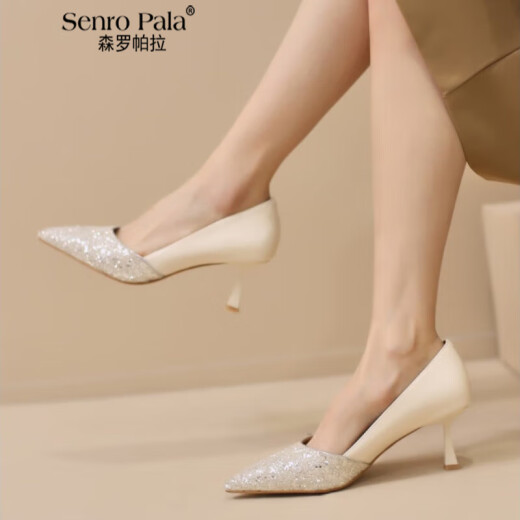 Senropala brand French style wedding shoes 2024 spring and summer new bridesmaid shoes sequined patent leather with skirt large size single shoes for women black 6.5cm33