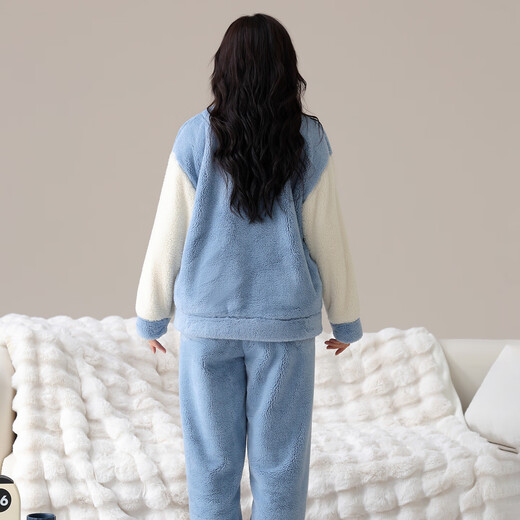 LangSha Couple Pajamas Two sets of price Winter coral velvet warm plus velvet suit casual cardigan can be worn as home clothes 3617 couple M female + L male