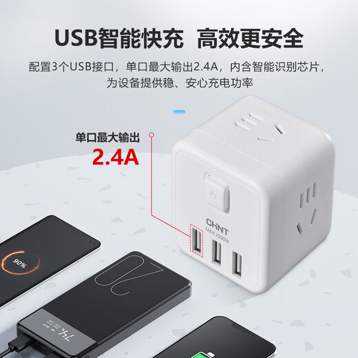 Chint (CHNT) plug converter smart square USB socket/socket board/socket strip/socket strip/plug strip/plug strip one to four-1.65m (wired)