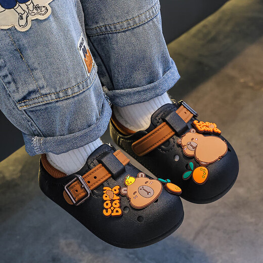 Boys' cotton shoes with heel included in winter, cute Capibara home indoor non-slip children's furry parent-child cotton shoes, upgraded version of environmentally friendly material black (heel included) 12 26/27 size (shoe inner length 16CM, suitable for feet 15