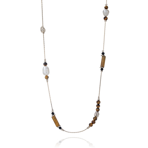 Qlady tiger eye stone double-layered pearl necklace women's long high-end light luxury niche 2025 new autumn and winter sweater chain accessories