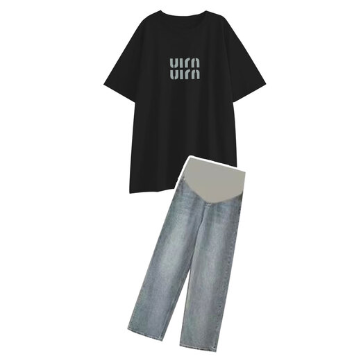Minchao Glenn, schwangere Frauen, die ihren Bauch bedecken, ohne ihre Schwangerschaft Top losen Modeanzug Sommerhose Zweiteiler Set für Frauen Sommer neuer Stil schwarzer Top + Jeans L.