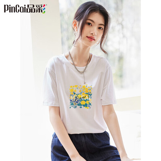 品彩（PinCai）短袖t恤女夏花卉印花字母上衣女时尚宽松圆领内搭 P144T1656