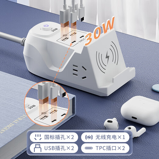 Sushi Helmo 30W Super Fast Charging + Wireless Charging Desktop Multi-Function Socket/Patch Board/Terminal Board/Pull Line Board | USB+Type-C 2-Position 1.8 Meter Flat Head Plug Strip