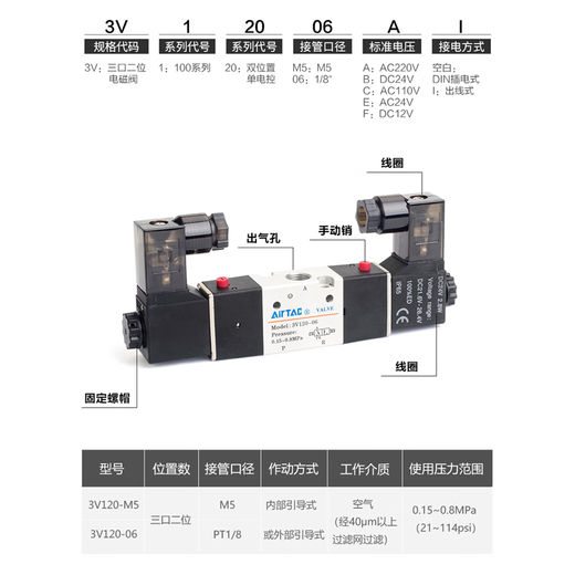 亚德客（AIRTAC）亚德客气动电磁阀3V120-06-M5-A-B-DC24V-AC220V双电控二位三通阀 3V12006