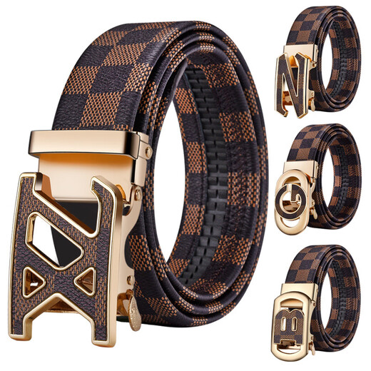 
KRCK2024 new Valentine's Day Men's Leather Belt Casual Belt Youth Valentine's Day Suit Trousers Belt Gray Plaid Silver Buckle L 120cm